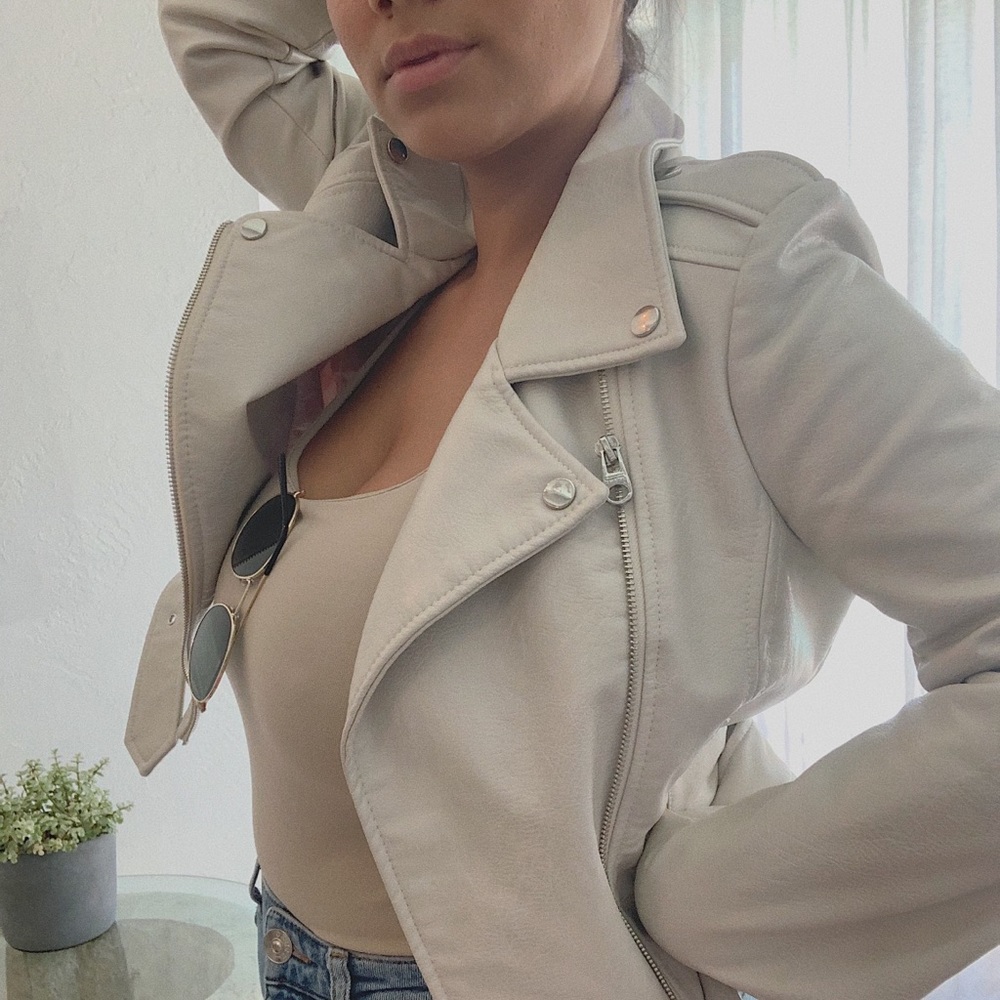 cream faux leather jacket with zippers